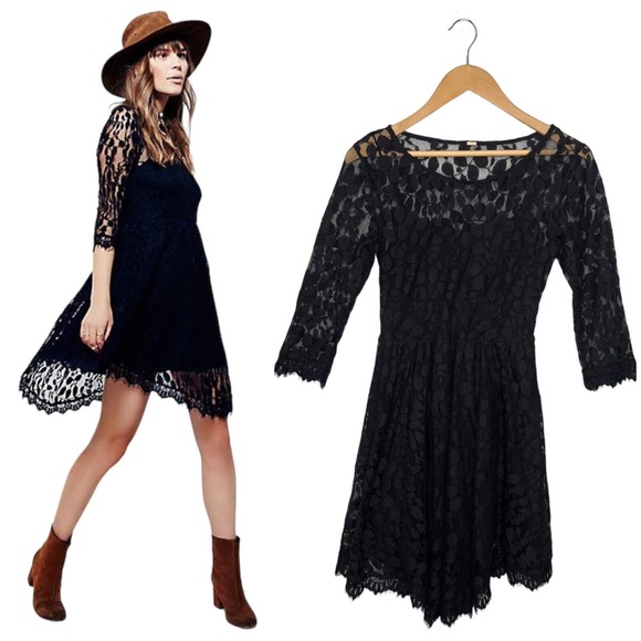 Free People Dresses & Skirts - Free People Floral Embroidered Mesh Lace Mini Dress Black S